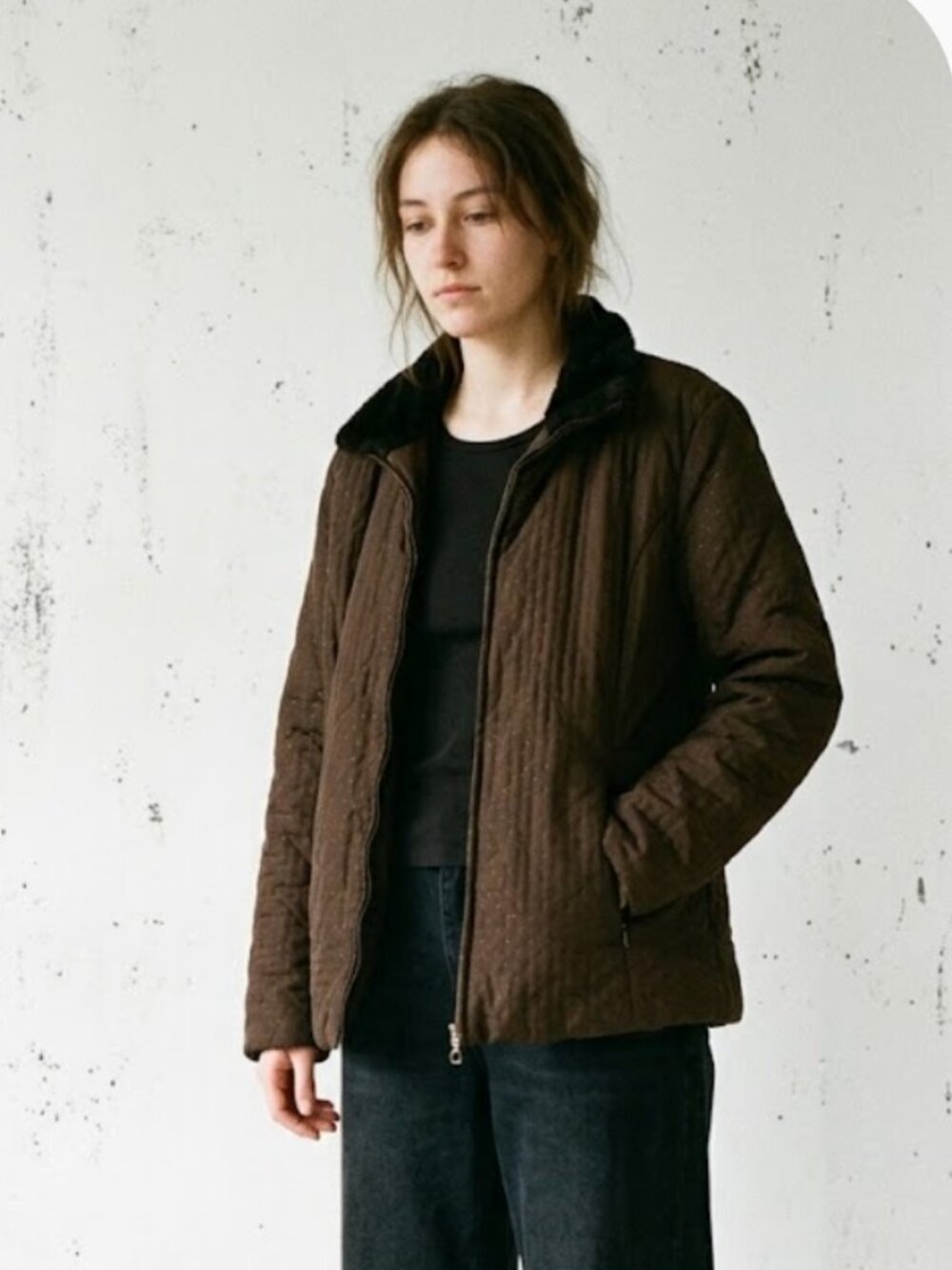 Jones New York Jacket Brown Quilted Faux Fur Grunge Casual XL
